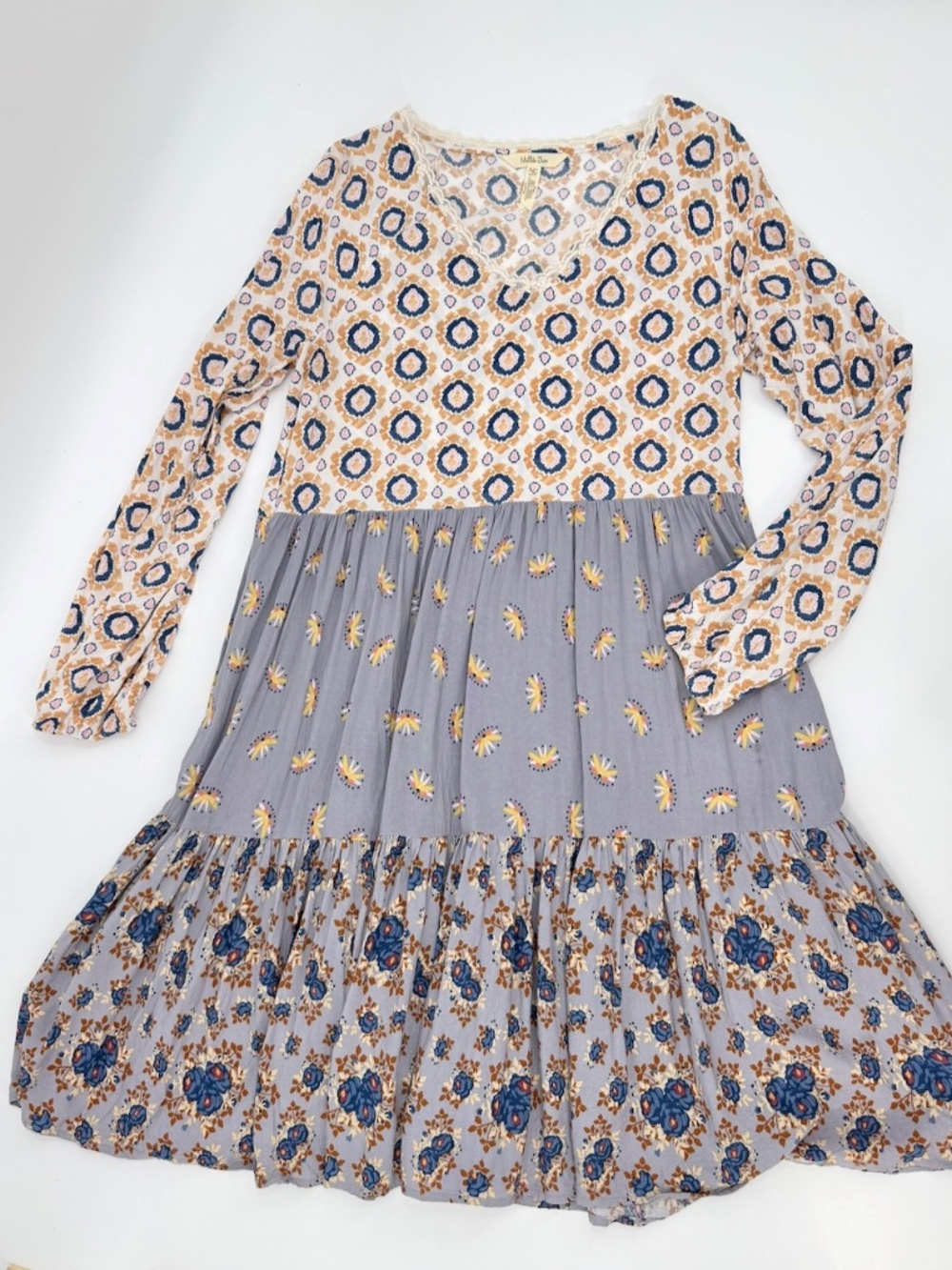 Matilda Jane Long Sleeve Boho Tiered Dress M Mixed Geometric Floral With Pockets